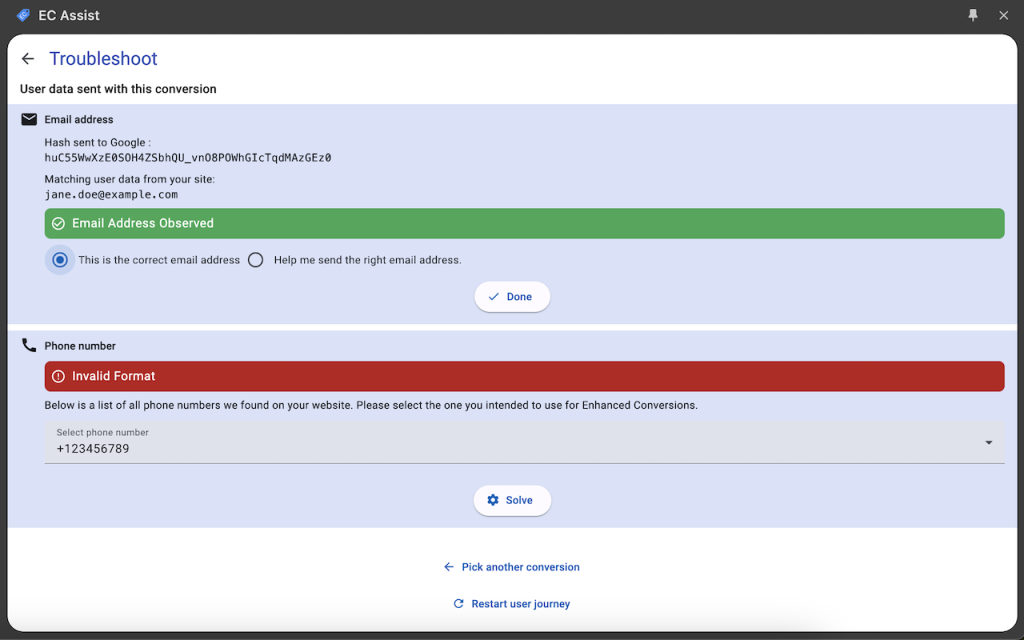 Validación de email correcta, pero no del phone en la extensión ec assist