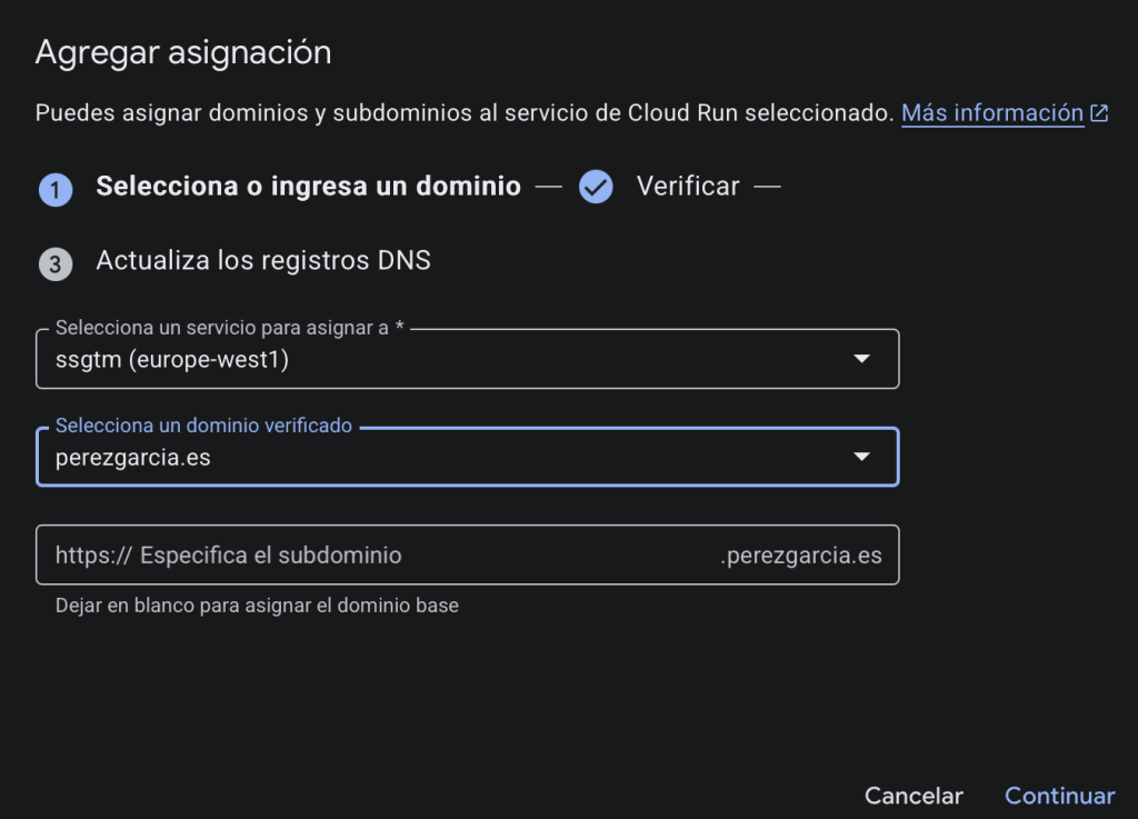 asignando el subdominio a ssgtm server-side