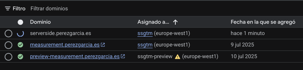 Mis dominios personalizados apuntando a contenedores de server-side gtm